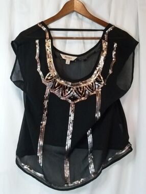 Decree Black Sheer Top Gold Sequin Embellishment Art Deco Goth Gatsby Party Sexy